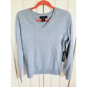 Tahari M Sweater Slate‎ Blue V-Neck 100% 2-Ply Cashmere L/S Women's NWT